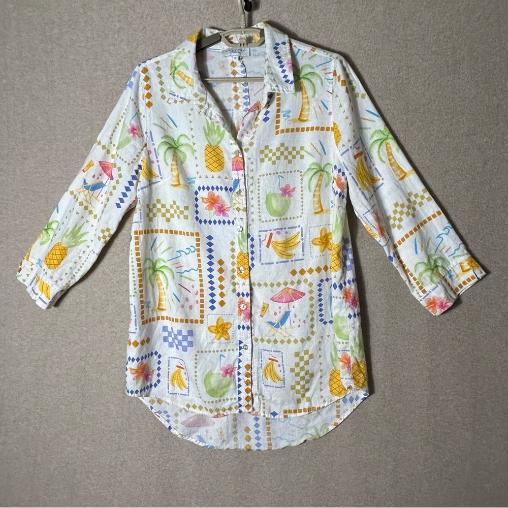 Calypso St Barth Tunic Womens XL Tropical Linen Blend Resort Beach Shirt Coverup